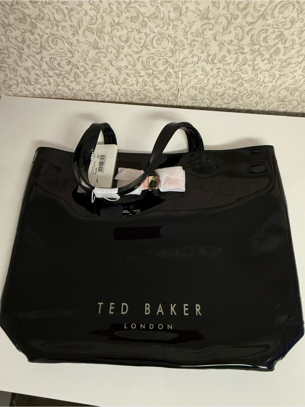 Ted Baker Black Patent Gloss Tote Bag with Pink Bow